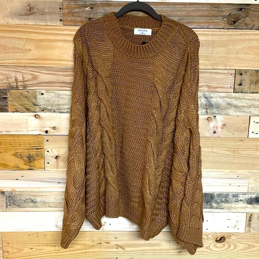 Zenana size XL mocha color cable knit mock neck wide sleeve sweater